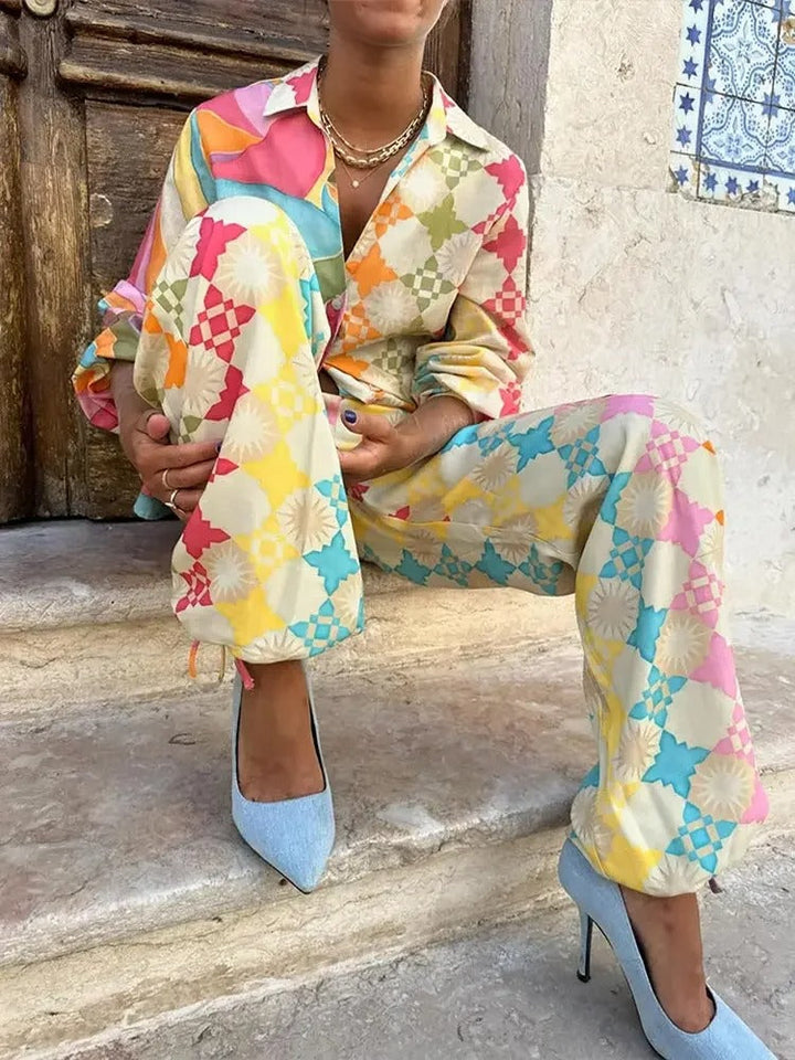 Women's relaxed fit colorful casual two-piece outfit for spring, comfortable everyday wear