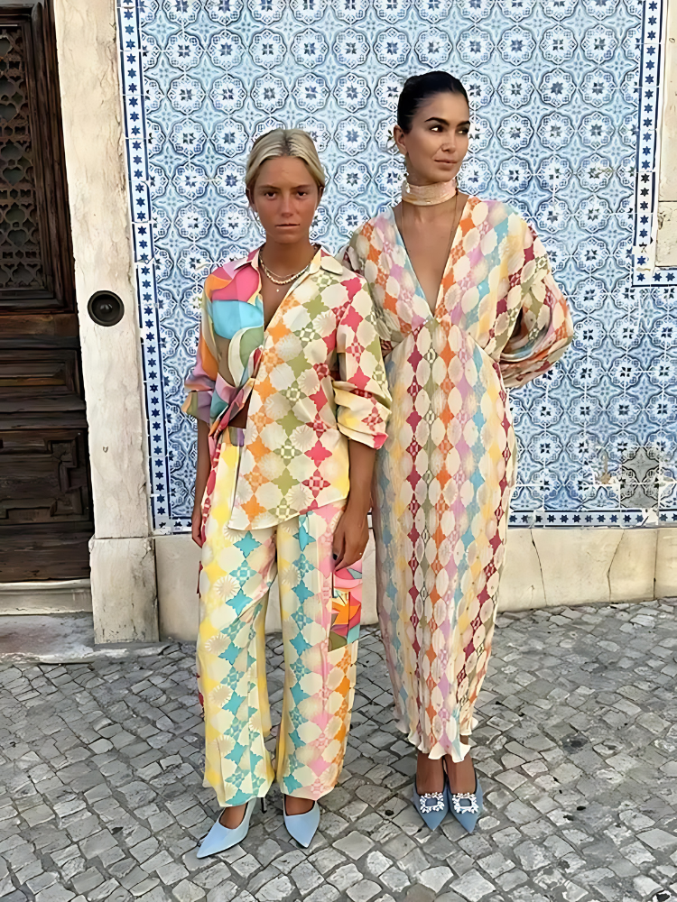 Close-up of vibrant patterns on a women's relaxed casual spring outfit, comfortable two-piece set