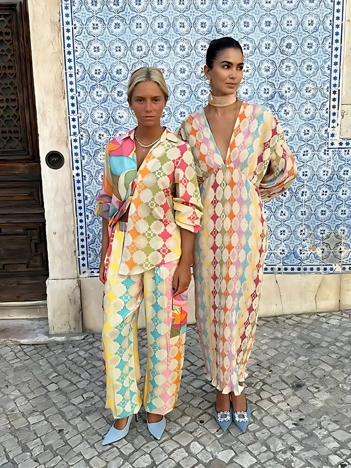 Close-up of vibrant patterns on a women's relaxed casual spring outfit, comfortable two-piece set
