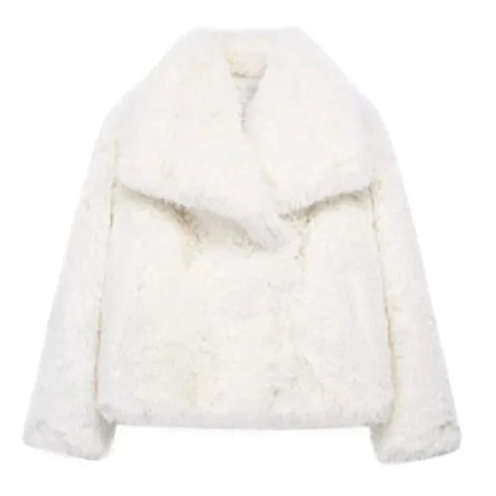 Side profile of a woman in a trendy relaxed fit faux fur jacket, showcasing its elegant winter style.