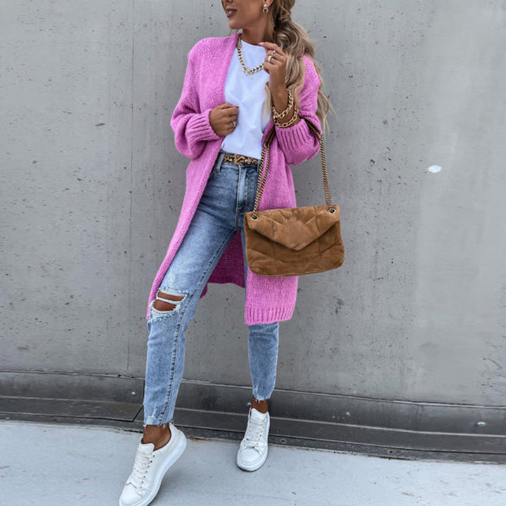 Comfortable women's long open front cardigan with a relaxed fit, great as a cozy sweater.