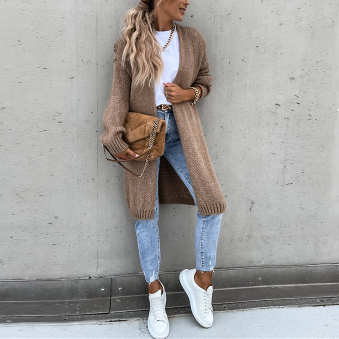 Chic women's relaxed fit long open front cardigan, a perfect layering piece for fall fashion.