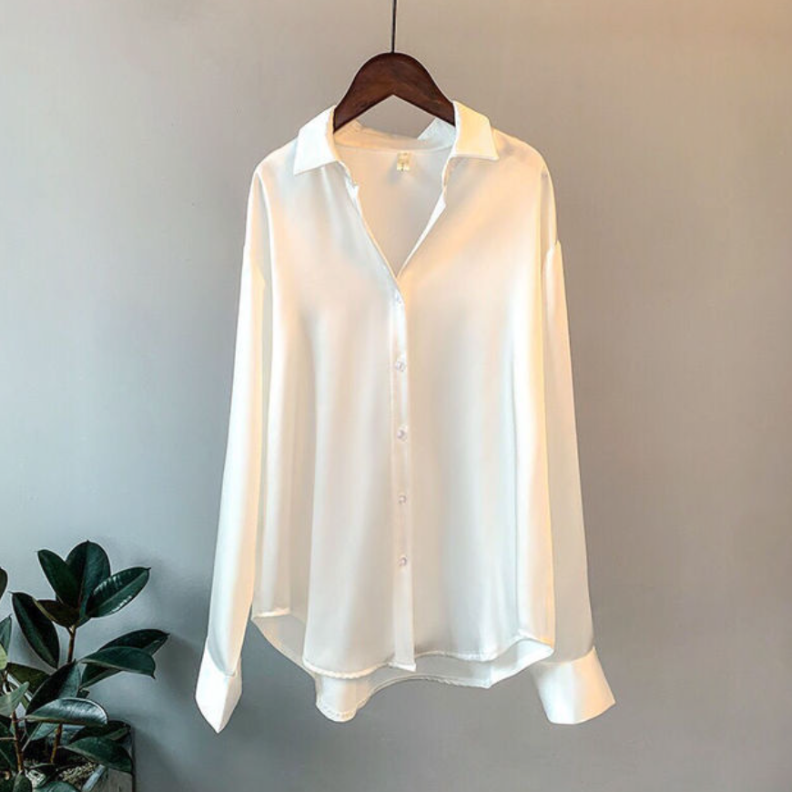 Stylish loose fit womens satin blouse with long sleeves and button-down front, ideal for fashion.