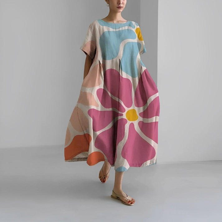 Bohemian floral print midi dress for women, featuring a relaxed fit ideal for garden parties.
