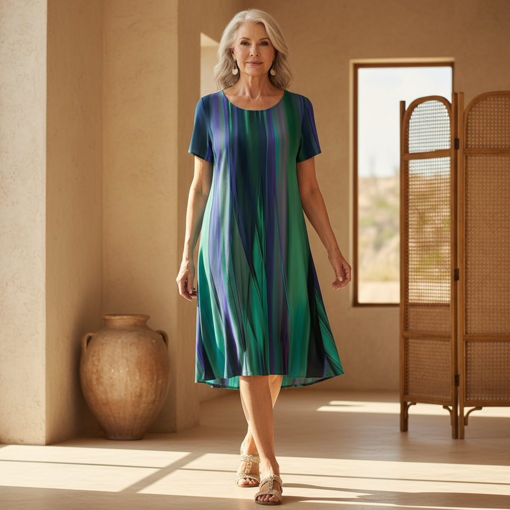 Women's relaxed fit striped swing dress. Effortless flowy design perfect for casual summer wear.