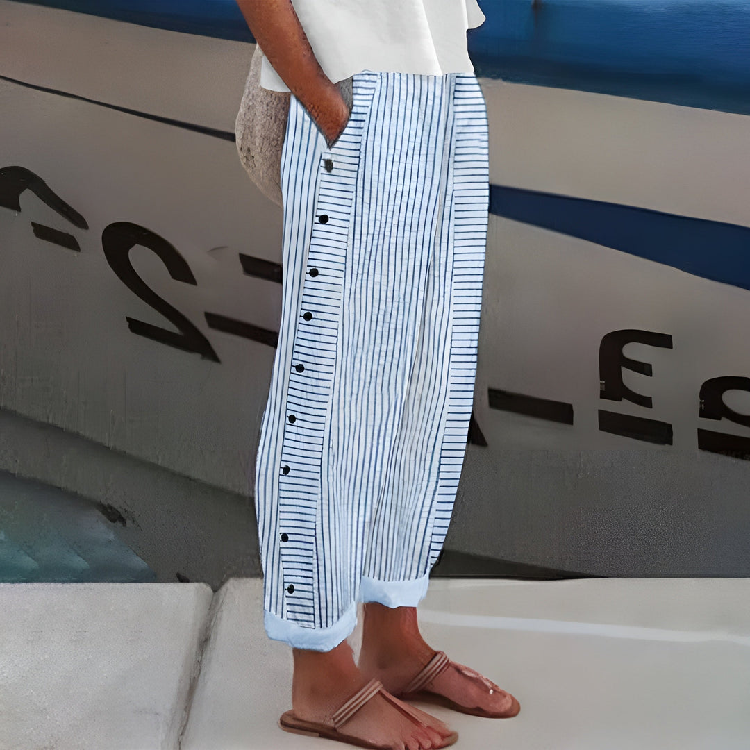Women's relaxed fit summer trousers, lightweight & comfortable for casual or travel wear. Elastic waist, straight leg.