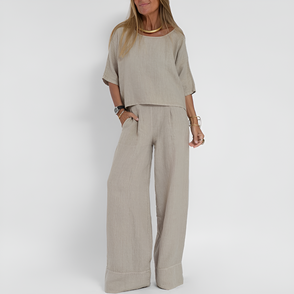 Women's relaxed fit two-piece loungewear set with wide leg pants. Perfect comfy summer outfit & resort wear.