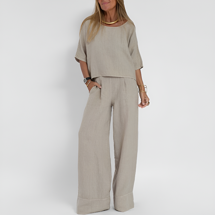 Women's relaxed fit two-piece loungewear set with wide leg pants. Perfect comfy summer outfit & resort wear.