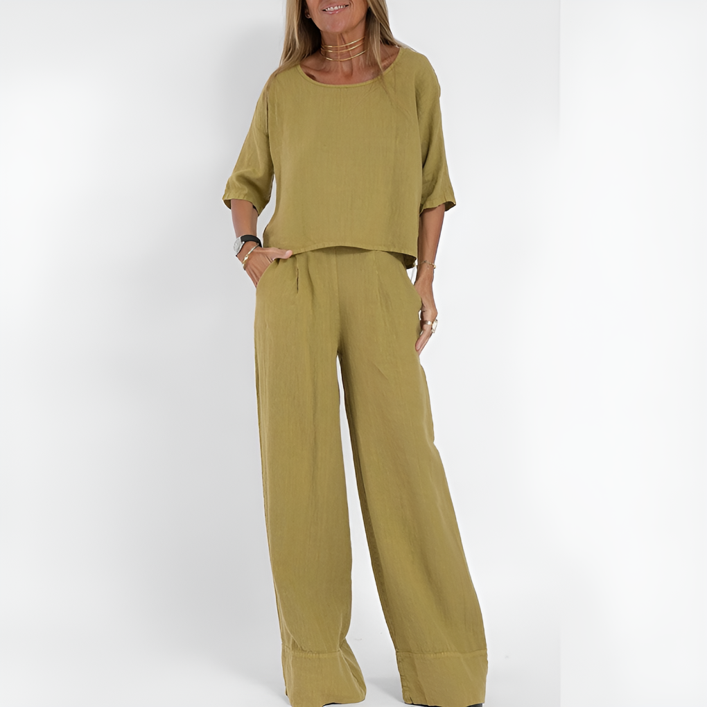 Stylish women's matching relaxed fit two-piece set. Versatile for loungewear, resort, spring, or casual wear.