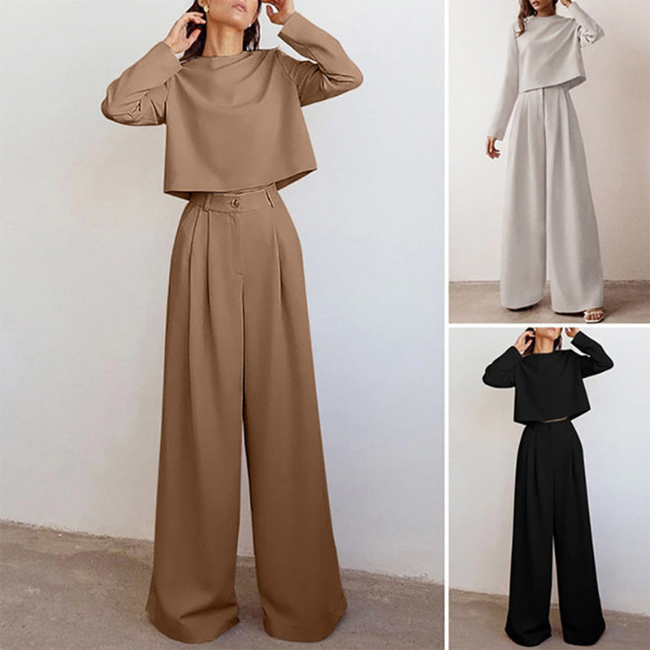 Women's soft knit casual chic two-piece ensemble, relaxed top & comfortable wide leg trousers