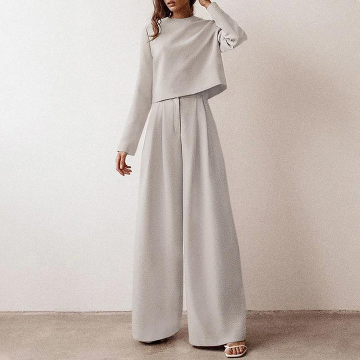 Relaxed fit women's top and trouser set in a neutral color, versatile casual chic apparel
