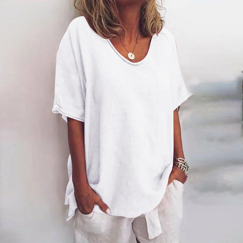 Effortless women's V-neck tunic top with elbow sleeves, relaxed fit. Versatile casual wear for spring & summer style.