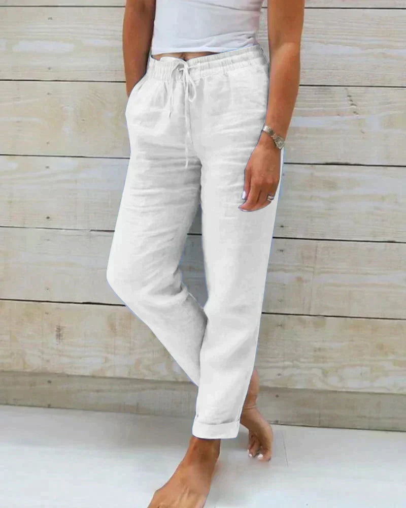Comfortable women's blue relaxed fit summer pants, ideal for warm weather and everyday casual wear.