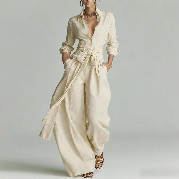 Women's relaxed linen co-ord shirt & wide-leg pant set in a natural shade, perfect for casual summer elegance.