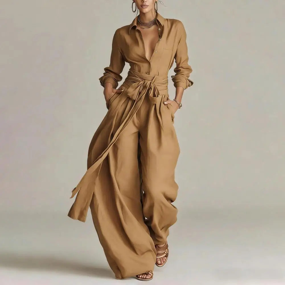 Lightweight women's relaxed linen two-piece shirt & wide-leg pant set, ideal for comfortable spring & summer outfits.