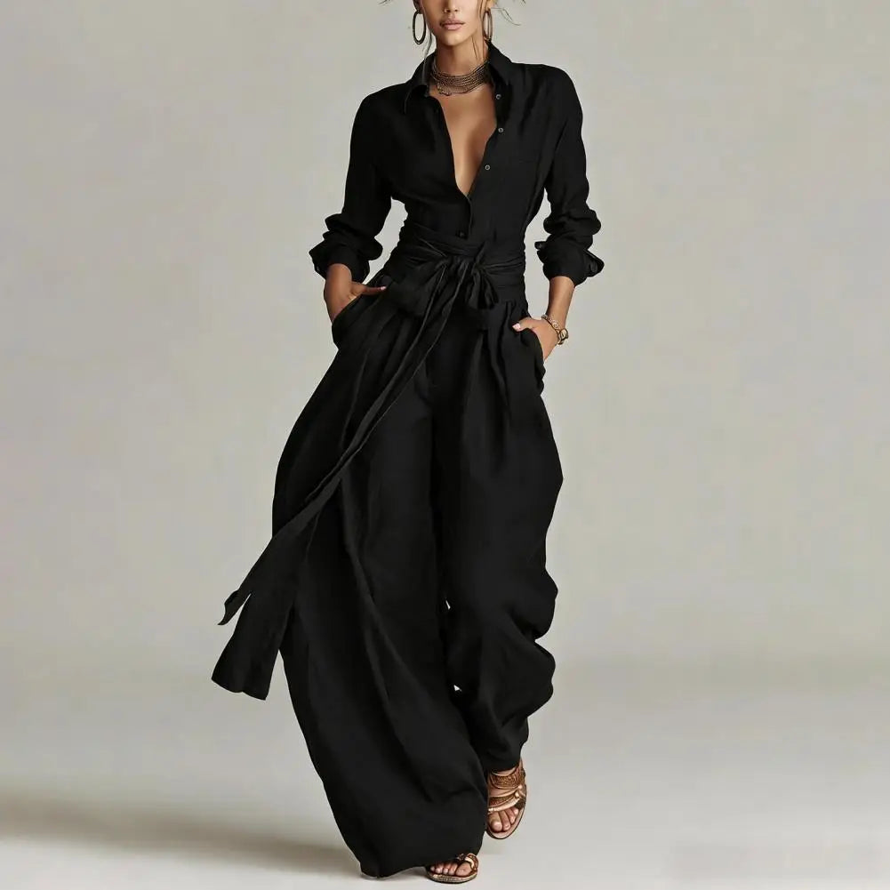 Chic women's relaxed linen co-ord set featuring a casual shirt & wide-leg pants for an elegant summer fashion outfit.