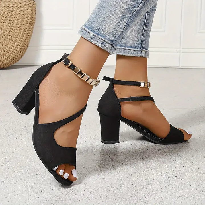 Classic women's retro chunky heel ankle strap sandals, perfect vintage footwear for summer elegance.