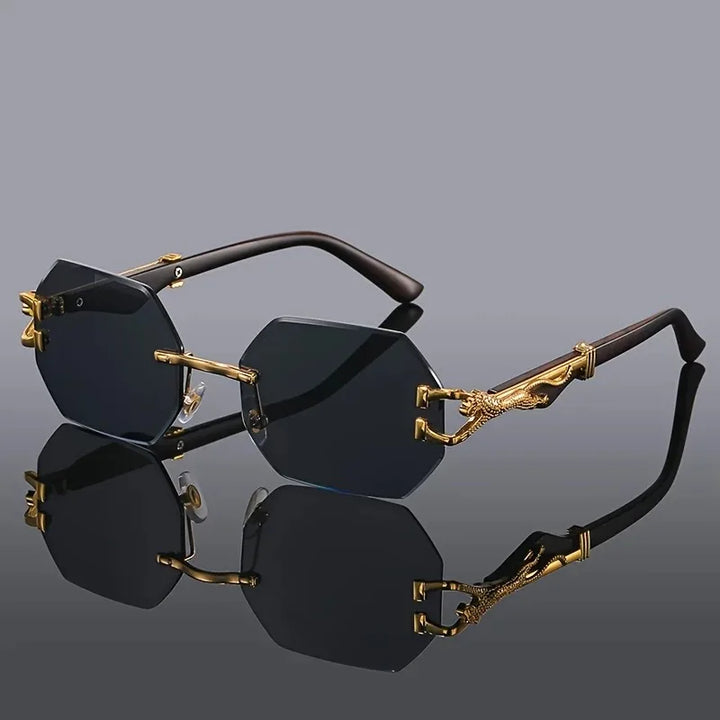 Fashionable women's geometric rimless sunglasses. A luxury accessory with an eye-catching gold panther.