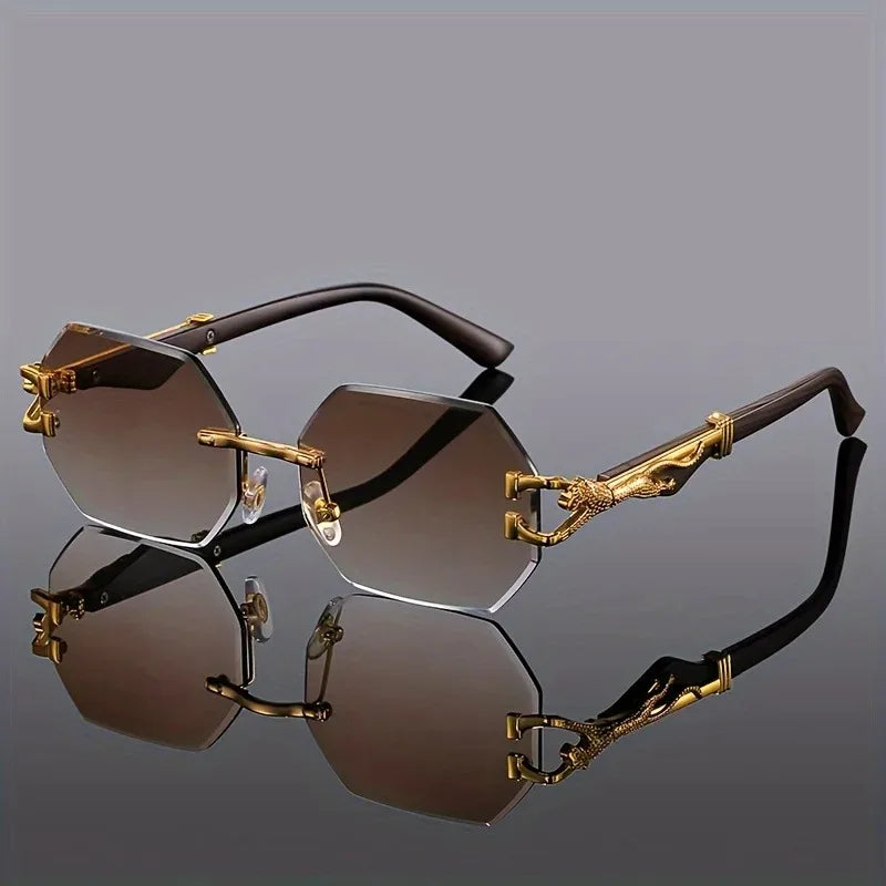 Unique women's rimless geometric sunglasses. Features a striking gold panther detail for a luxury feel.