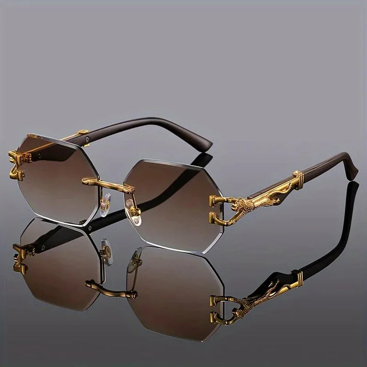 Unique women's rimless geometric sunglasses. Features a striking gold panther detail for a luxury feel.