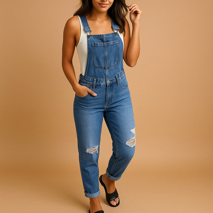 Versatile women's ripped denim overall jumpsuit with adjustable straps & distressed finish for comfortable casual wear.