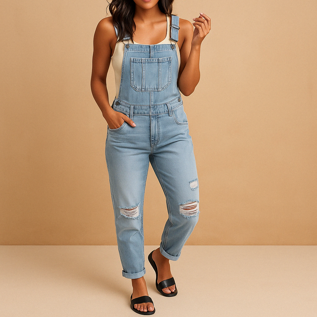 Fashionable women's ripped denim overall, a street style jumpsuit with adjustable straps and distressed detailing.