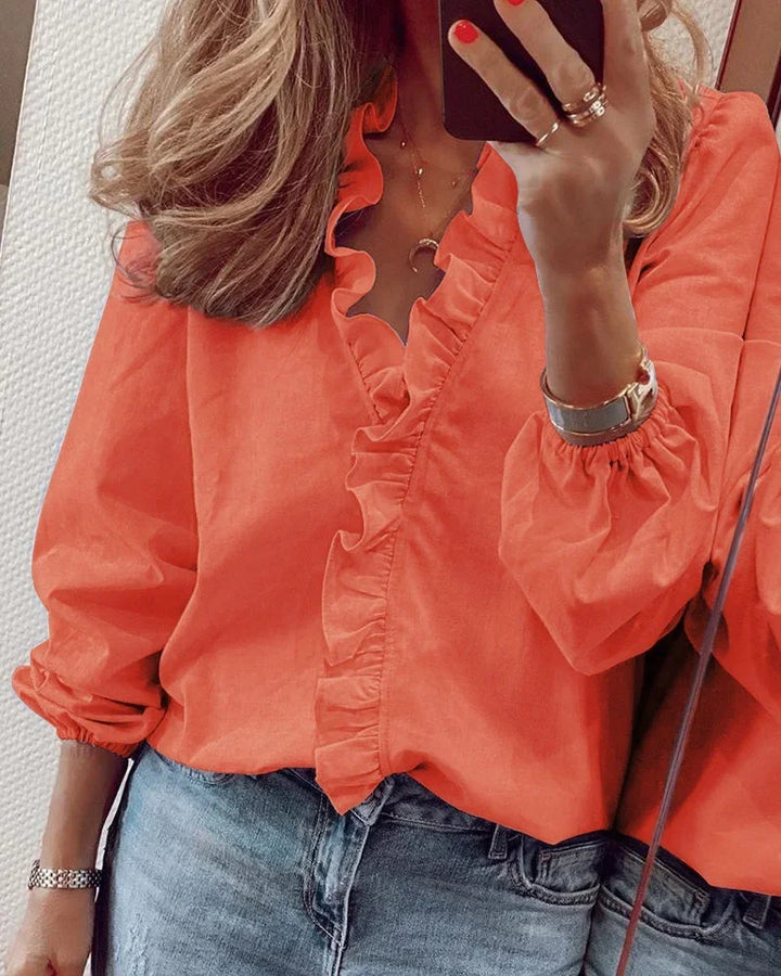 Women's ruffle trim V-neck blouse, elegant long sleeve top for office chic & casual everyday style.