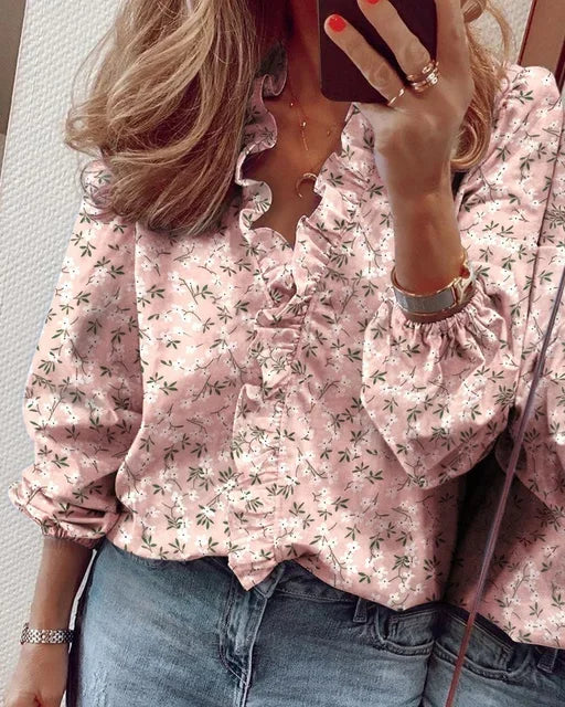 Casual women's ruffle V-neck long sleeve blouse, a comfortable & modern top for spring/fall styles.