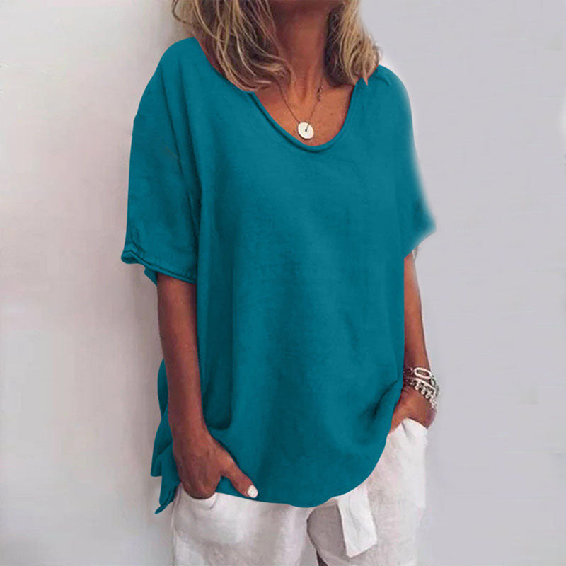 Effortless women's short sleeve blouse with a scoop neck and loose fit, ideal for comfortable casual style.