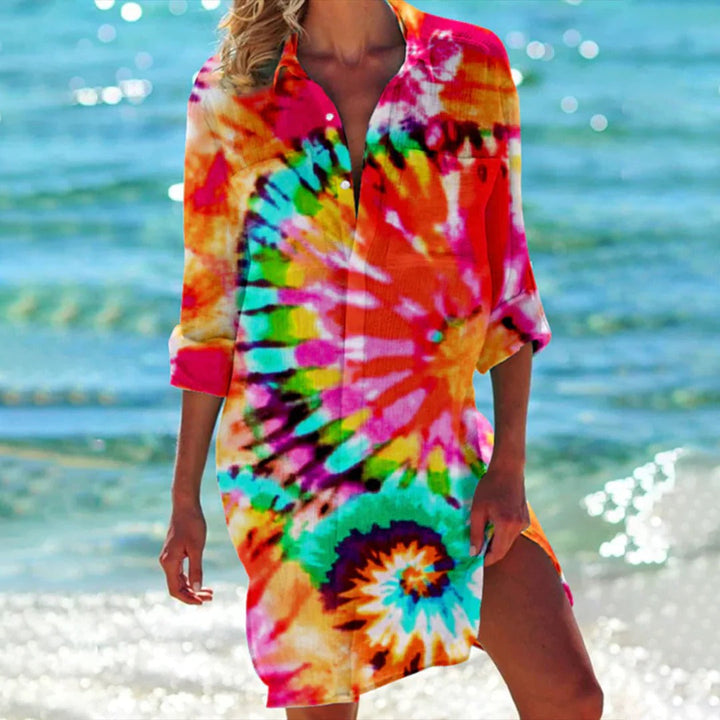 Women's nautical seashell & starfish print 3/4 sleeve beach cover up shirt dress for summer.