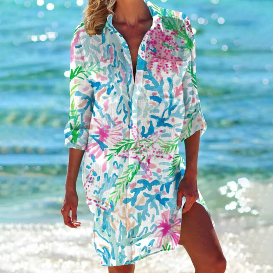 Nautical seashell & starfish print women's beach cover up shirt dress, 3/4 sleeves.