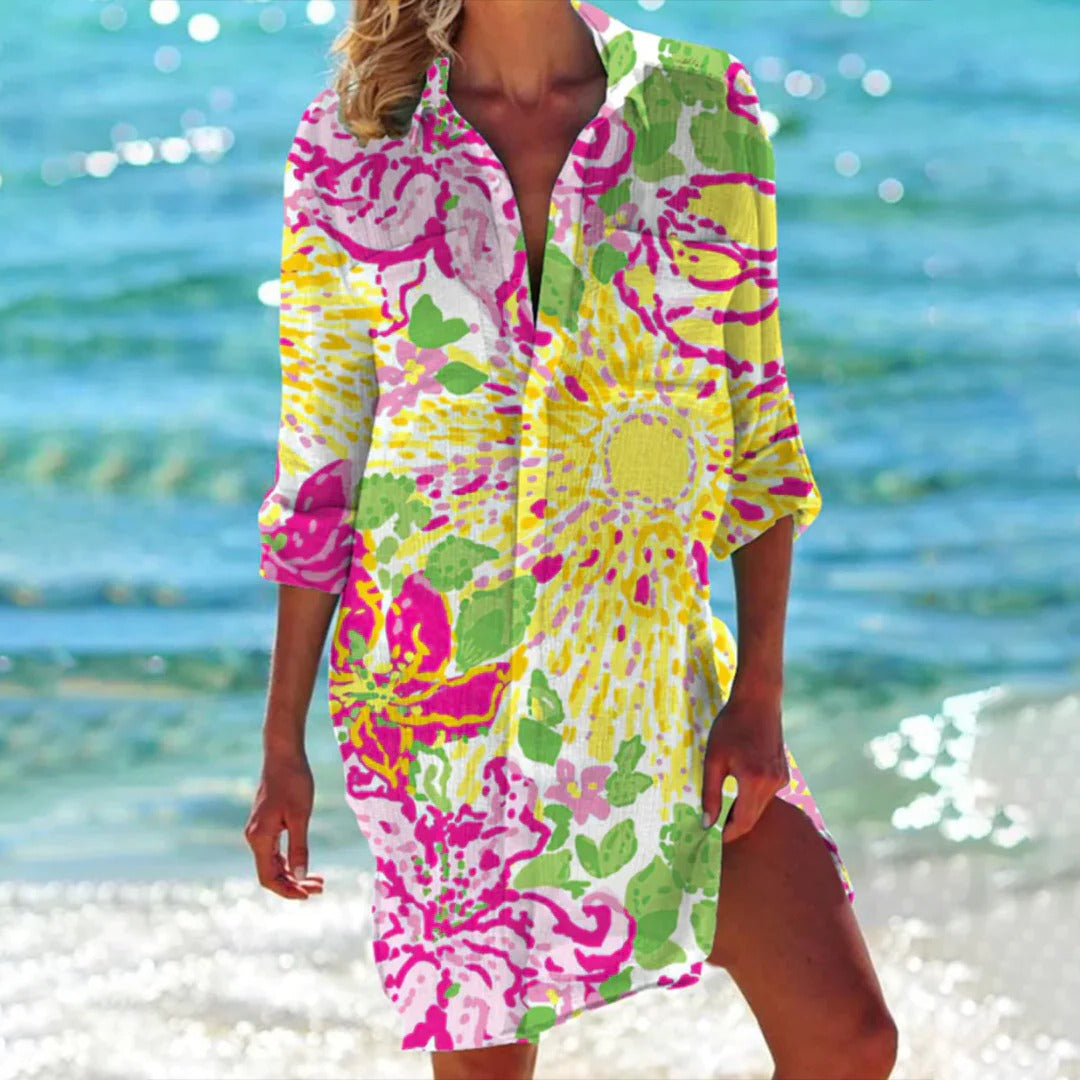 Women's resort wear shirt dress, seashell print, 3/4 sleeve. Perfect beach or pool cover up.