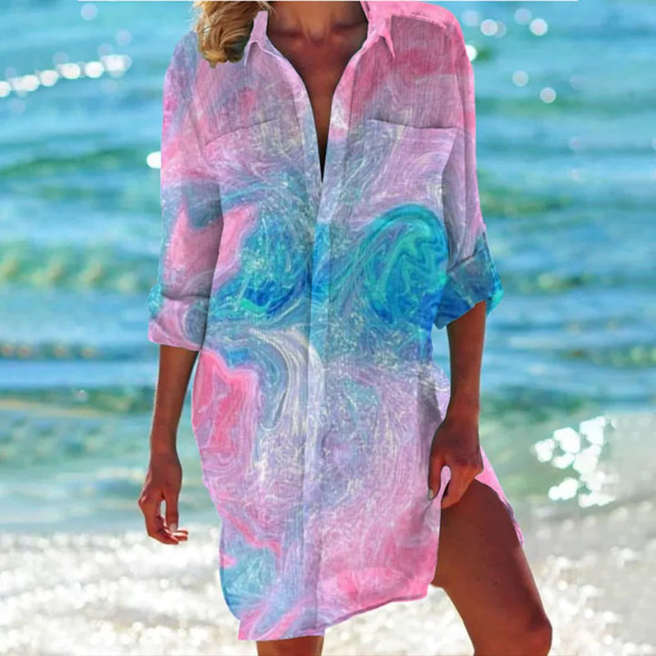 Flowy women's beach cover up shirt dress, 3/4 sleeves, featuring an elegant seashell print design.