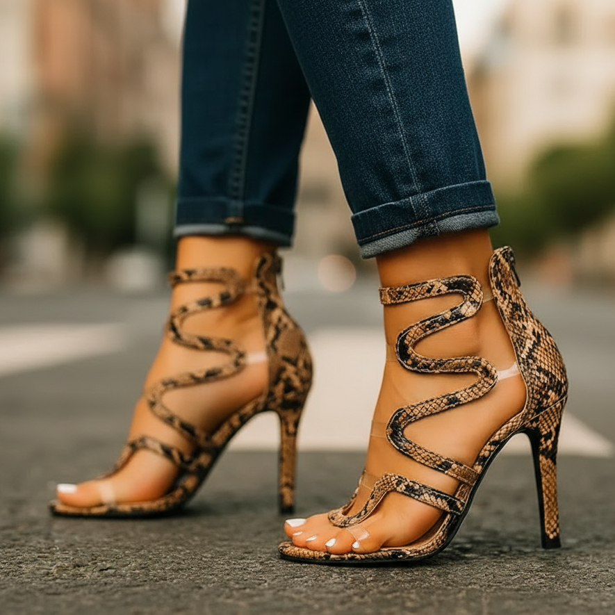Women's Seraphina Venom high heels with striking reptile effect & ankle wrap, perfect evening shoes.