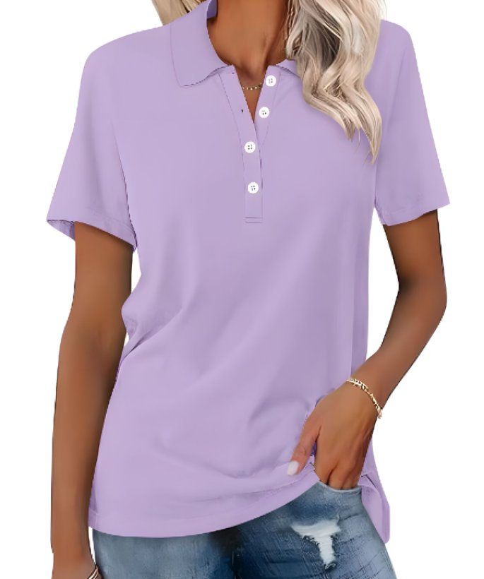 Comfortable women's short sleeve polo, perfect for spring & summer fashion. Versatile casual top.