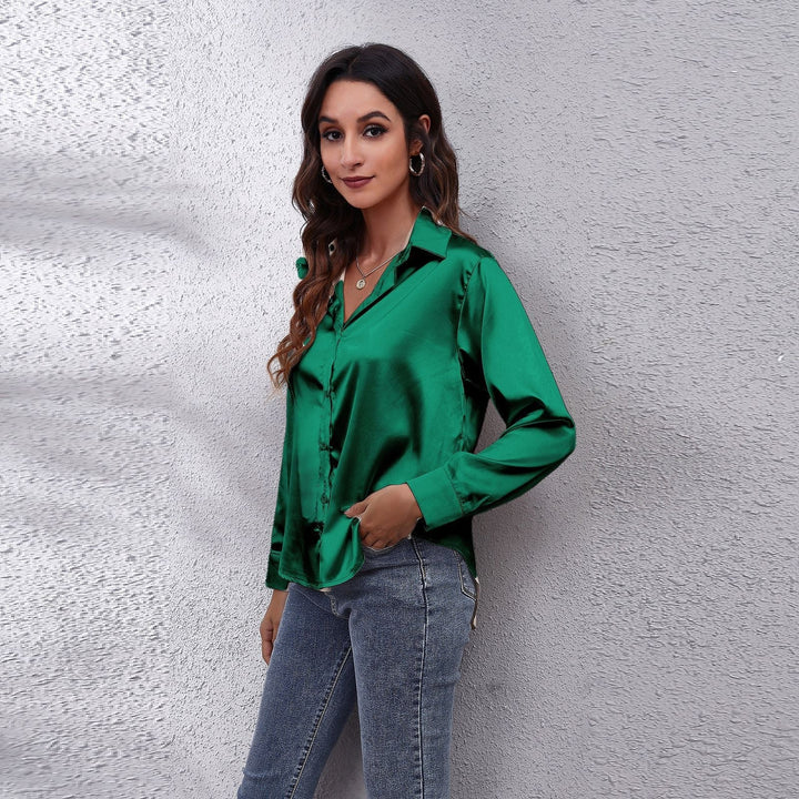 Casual long sleeve satin blouse for women, a chic button-down design with a loose, comfortable fit.