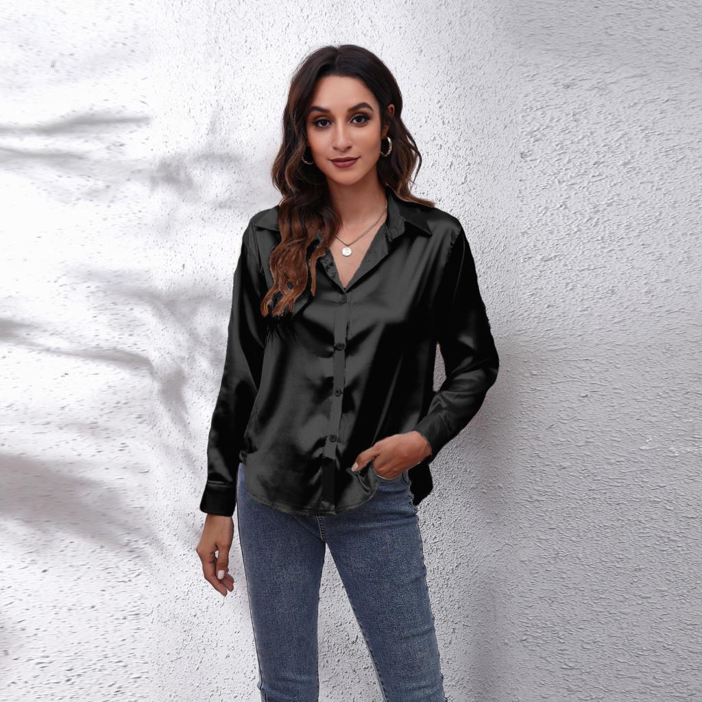 Loose fit long sleeve satin blouse for women, featuring a sophisticated button-down front.