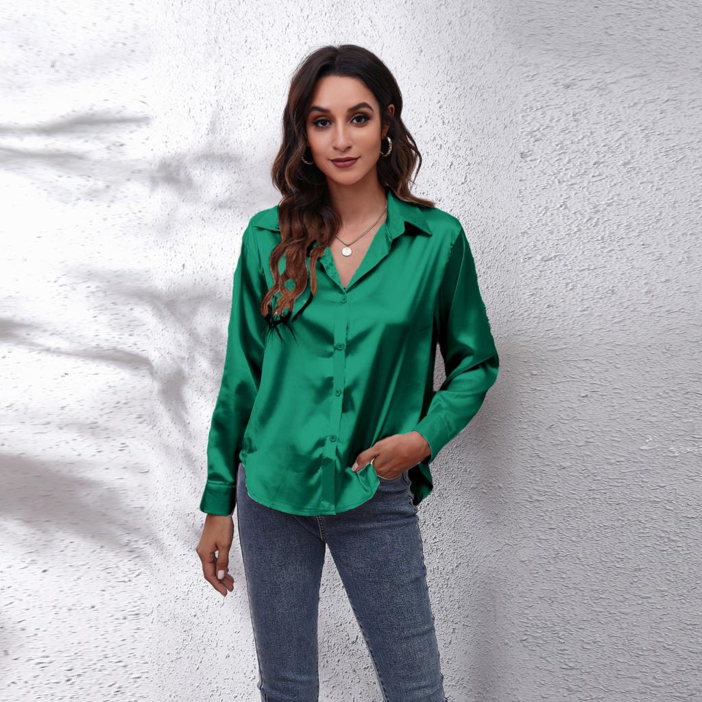 Women's casual yet chic satin button-down blouse, offering an elegant loose fit and long sleeves.