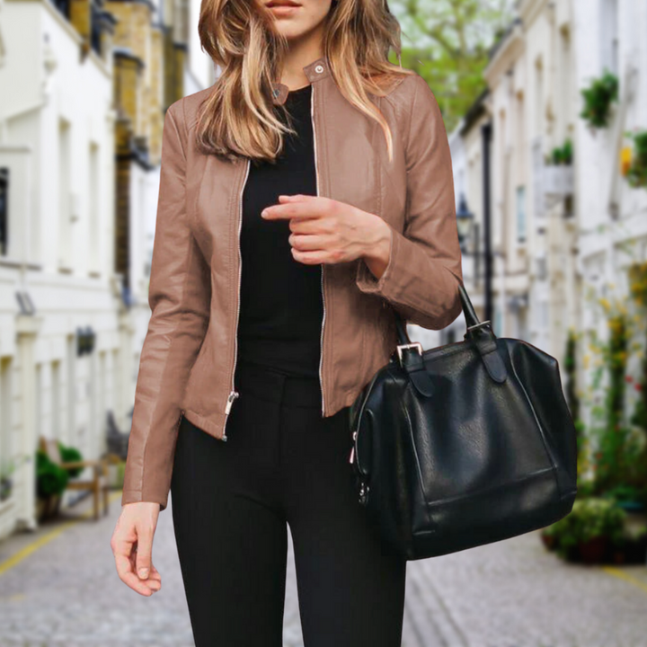 Chic women's zippered biker jacket in black, a trendy and versatile fashion statement.