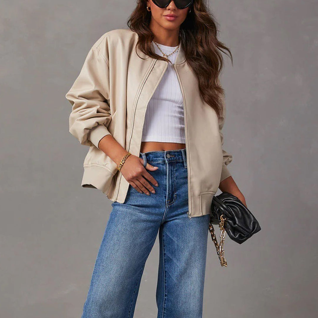 Ribbed women's zip bomber jacket, offering sleek, modern, and versatile style for casual outfits.