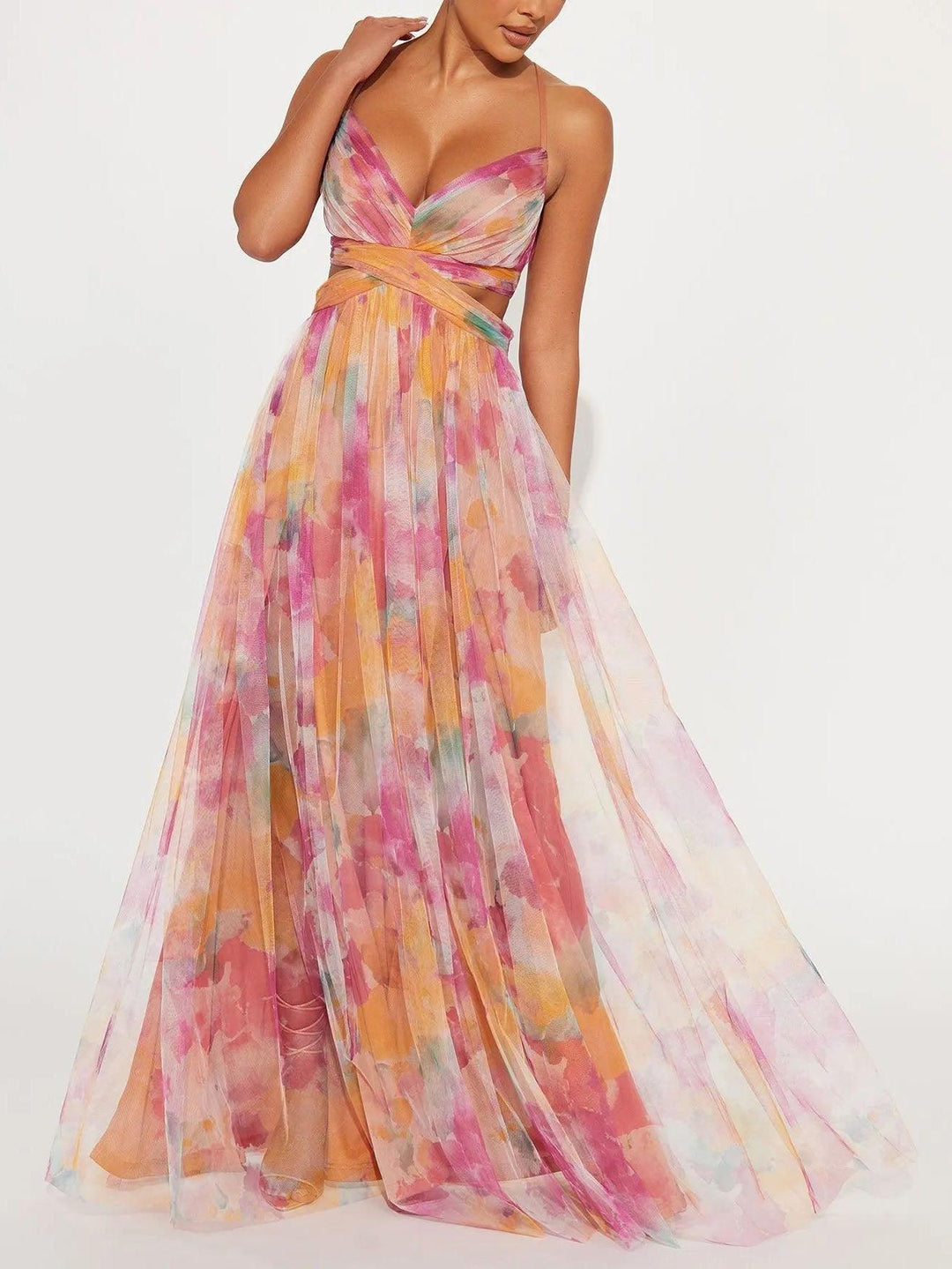 Elegant women's A-line floral maxi dress. Sleeveless, v-neck design with a flattering tie waist.