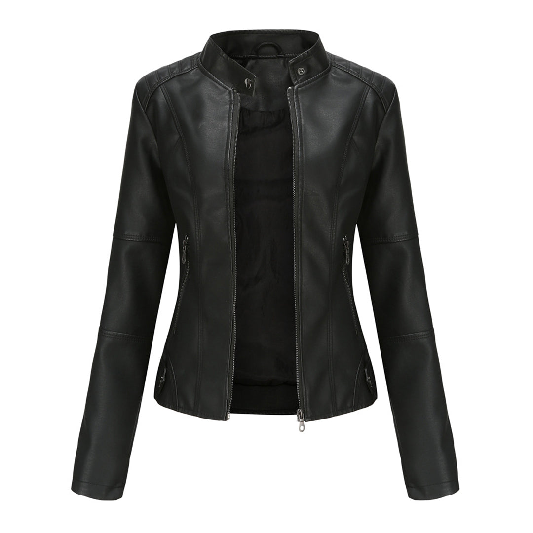 Women's slim-fit faux leather biker jacket in classic black, perfect for edgy fashion.