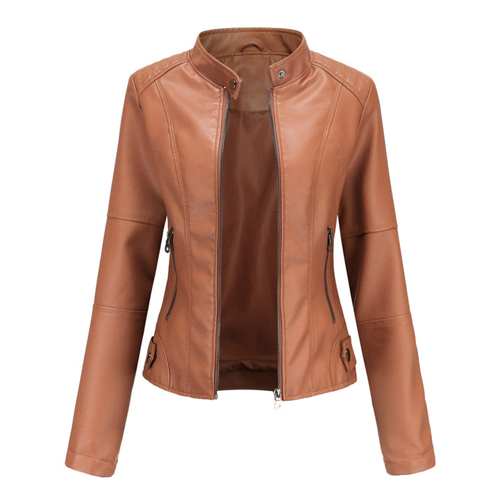 Black faux leather biker jacket for women, a stylish slim-fit design for an edgy look.