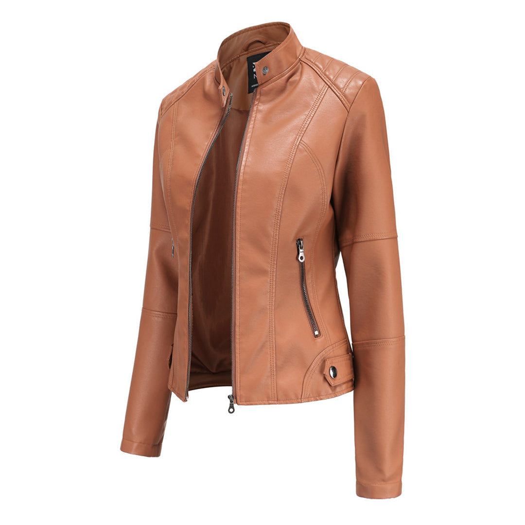 Women's elegant slim-fit faux leather jacket, featuring a classic biker silhouette and durable material.