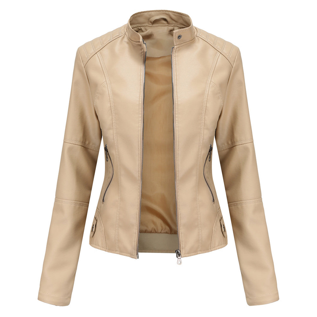 Stylish women's outerwear: a slim-fit faux leather biker jacket, ideal for a modern edgy fashion statement.