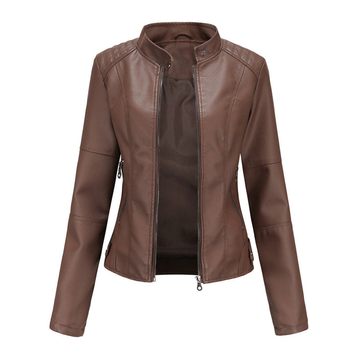 Close-up of a women's faux leather slim-fit biker jacket, showcasing texture and zipper details.