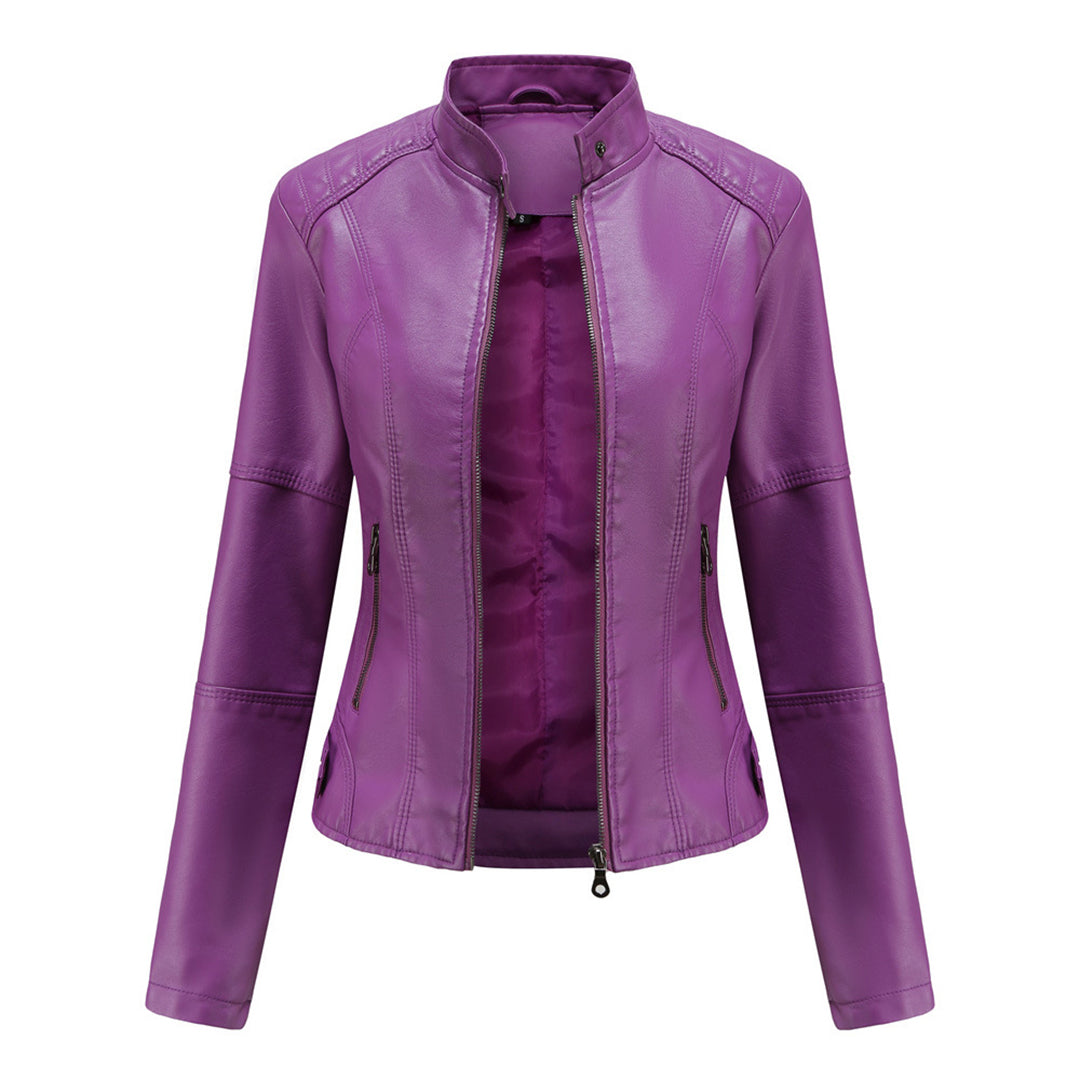Versatile women's slim-fit faux leather biker jacket, suitable for various occasions and edgy styles.
