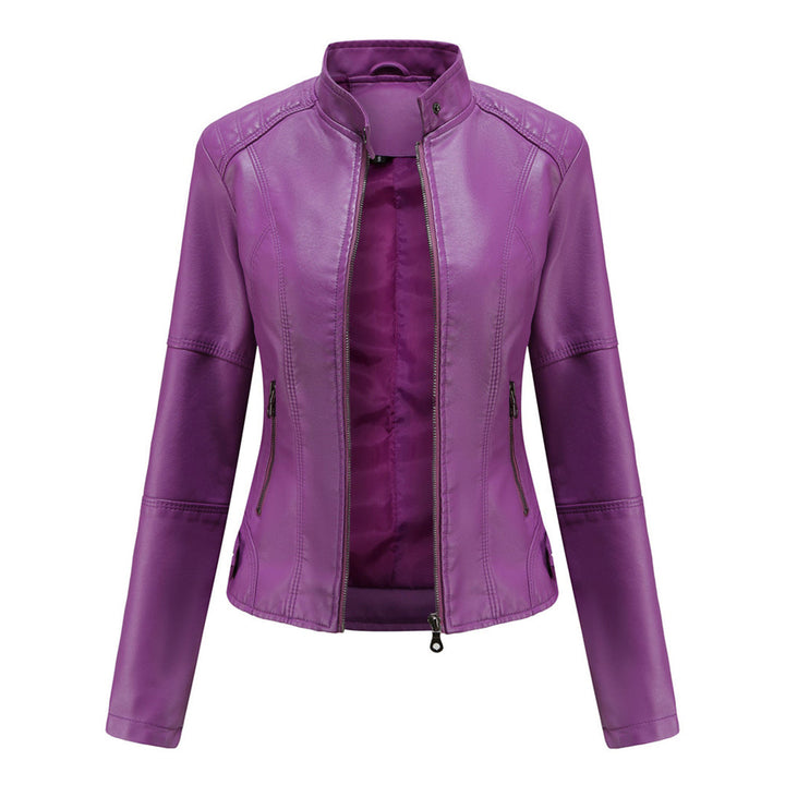 Versatile women's slim-fit faux leather biker jacket, suitable for various occasions and edgy styles.