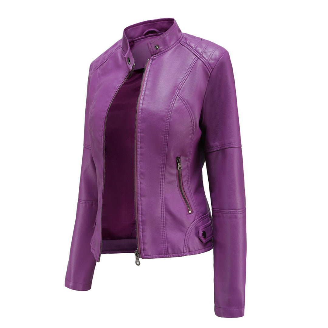 Fashionable women's black faux leather motorcycle jacket, slim-fit and comfortable for everyday wear.