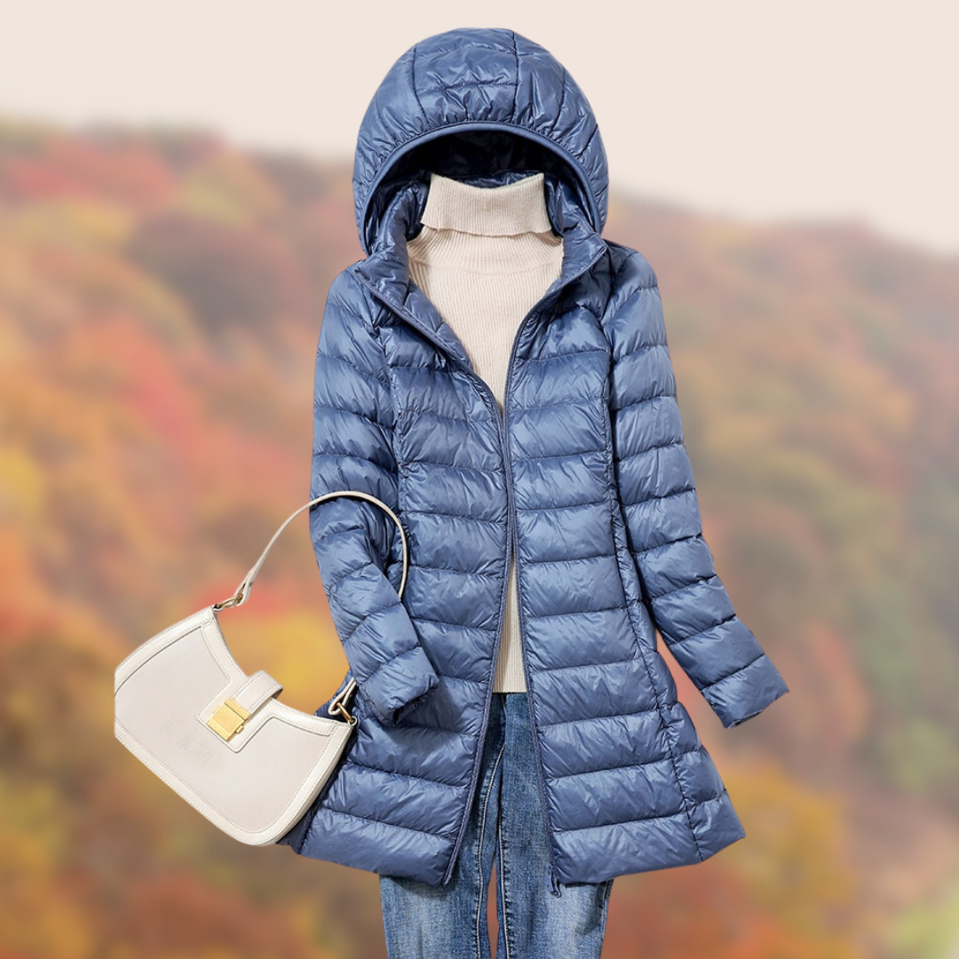 Women's slim-fit hooded puffer jacket in black, ideal for winter outerwear and everyday comfort.